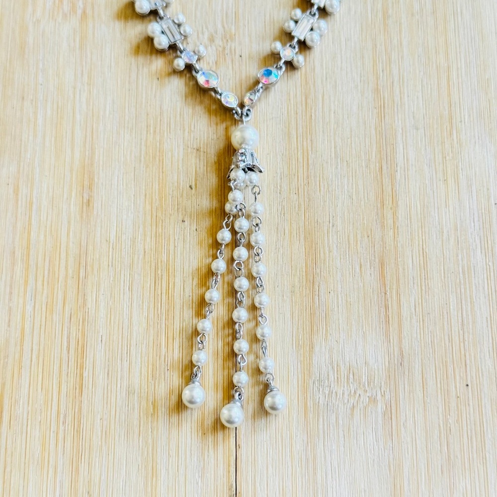 Givenchy Chandelier Necklace Aurora Borealis Crystal Rhinestone Pearl Tassel 18" - Picture 4 of 6